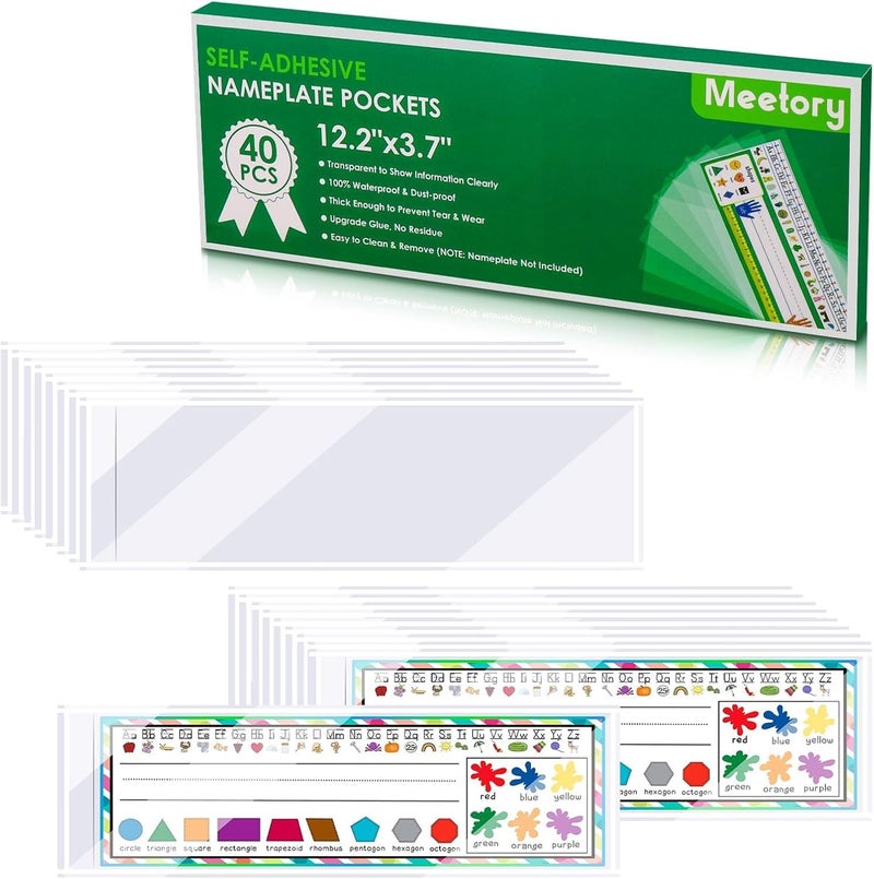 Meetory 40 PCS Upgraded Nameplate Pocket, Self Adhesive Desk Nameplates Name Tag Pocket, No Residue Clear Plastic View Name Tag Sleeves for Classroom Desk, Office Supplies (12.2" x 3.7") - Image 1